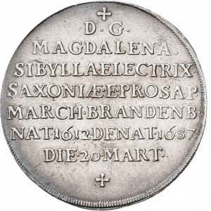 Реверс монеты Курфюршество Саксония, 1 талер, 1687, Смерть Магдалины Сибиллы, матери Иоганна Георга III