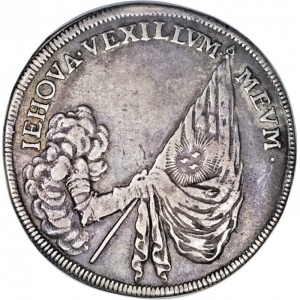 Аверс монеты Курфюршество Саксония, 1 талер, 1691, Смерть Иоганна Георга III /флаг на аверсе/