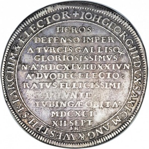 Реверс монеты Курфюршество Саксония, 1 талер, 1691, Смерть Иоганна Георга III /флаг на аверсе/