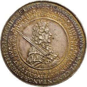 Аверс монеты Курфюршество Саксония, 1 талер, 1691, Смерть Иоганна Георга III /бюст на аверсе/