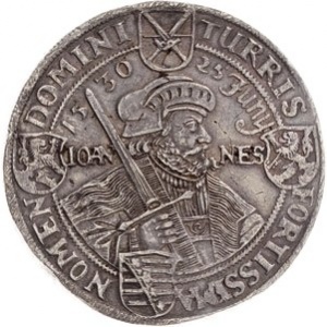 Реверс монеты Курфюршество Саксония, 2 талера, 1630, 100 лет Аугсбургскому исповеданию /герцог держит меч двумя руками/