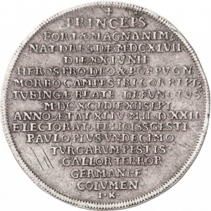 Реверс монеты Курфюршество Саксония, 2 талера, 1691, Смерть Иоганна Георга III