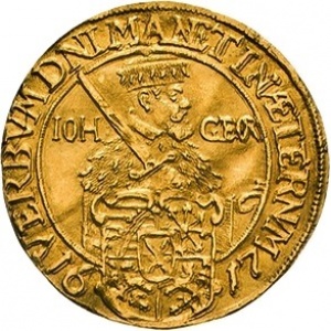 Аверс монеты Курфюршество Саксония, 1 дукат, 1617, 100 лет реформации, надпись: "VERBUM DOMINI..."