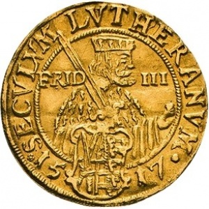 Реверс монеты Курфюршество Саксония, 1 дукат, 1617, 100 лет реформации, надпись: "VERBUM DOMINI..."