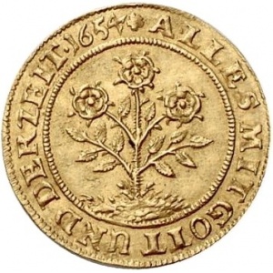 Реверс монеты Курфюршество Саксония, 1 дукат, 1654, 10 лет со дня рождения Эрдмуты Софии, внучки Иогана Георга I