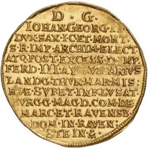 Реверс монеты Курфюршество Саксония, 1 дукат, 1657, Викарство Иоанна Георга II