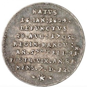 Реверс монеты Брауншвейг-Люнебург-Целле, ⅛ талера, 1705, Смерть Георга Вильгельм