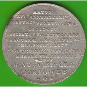 Реверс монеты Брауншвейг-Люнебург-Целле, ½ талера, 1705, Смерть Георга Вильгельм