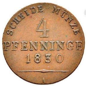 Реверс монеты Пруссия, 4 пфеннига, 1821-1840, Отметка монетного двора "A" или "B"