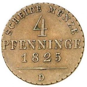 Реверс монеты Пруссия, 4 пфеннига, 1823-1840, Отметка монетного двора "D"