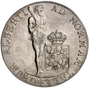 Реверс монеты Пруссия, 1 талер, 1797, Фридрих Вильгельм II, дикий человек на реверсе
