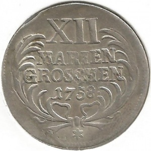 Реверс монеты Пруссия, 12 мариенгрошей, 1758