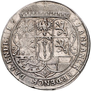 Реверс монеты Пруссия, 1 талер, 1636-1639, Принц со шлемом в руке