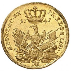 Реверс монеты Пруссия, 1 дьёр, 1746-1748, Коронованный орел на реверсе