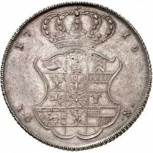 Реверс монеты Пруссия, 1 талер, 1719, Гербовый щит с короной на реверсе, легенда заканчивается словами «BR»