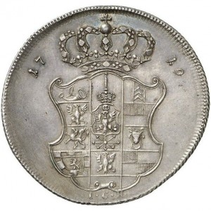 Реверс монеты Пруссия, 1 талер, 1719, Гербовый щит с короной на реверсе, надпись в конце легенды: «BRANDENB»