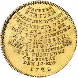 Реверс монеты Пруссия, 8 дукатов, 1721, Дань уважения Штеттину