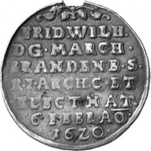 Аверс монеты Пруссия, ⅛ талера, 1655, День рождения Фридриха Вильгельма и день рождения Принца Карла Эмиля /надпись н…