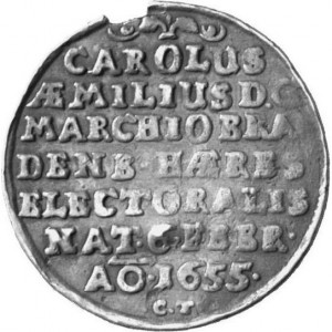 Реверс монеты Пруссия, ⅛ талера, 1655, День рождения Фридриха Вильгельма и день рождения Принца Карла Эмиля /надпись …