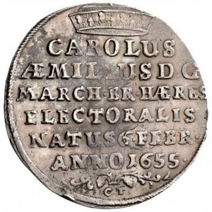 Реверс монеты Пруссия, ¼ талера, 1655, День рождения Фридриха Вильгельма и день рождение Принца Карла Эмиля