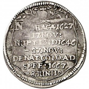 Реверс монеты Пруссия, ¼ талера, 1667, Смерть жены Фридриха Вильгельма, Луизы Генриетты /монограмма на аверсе/