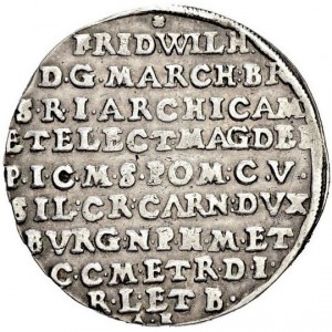Реверс монеты Пруссия, ½ талера, 1658, Достижение суверенитета над Восточной Пруссией /отметка МД "AB"/