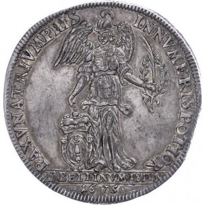 Реверс монеты Пруссия, 1 талер, 1675, Победа в битве при Фербеллине /ангел в шлеме на реверсе, "F BELLIN VM 18 IVN"/