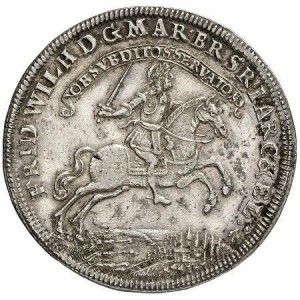 Аверс монеты Пруссия, 1 талер, 1675, Победа в битве при Фербеллине /ангел в шлеме на реверсе, "LINVM 18 IVN"/