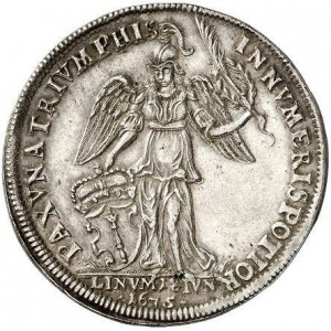 Реверс монеты Пруссия, 1 талер, 1675, Победа в битве при Фербеллине /ангел в шлеме на реверсе, "LINVM 18 IVN"/