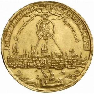 Аверс монеты Пруссия, 10 дукатов, 1681, Дань уважения городу Мадгебургу