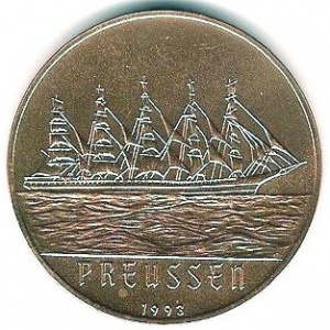 Реверс монеты Пруссия, 200 франков, 1993, Парусник "Пруссия"