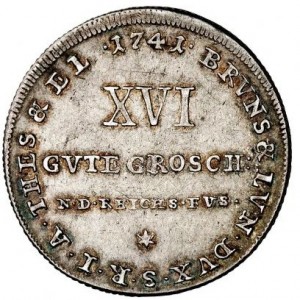 Реверс монеты Брауншвейг-Люнебург, 16 грошей, 1741-1756, Голова на аверсе