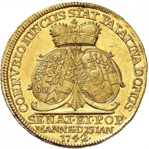 Реверс монеты Курпфальц, 1 дукат, 1742, Брак Карла Теодора и Елизаветы Августы