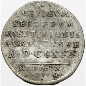 Реверс монеты Саксен-Альтенбург, 1/24 талера, 1730, 200 лет Аугсбургскому признанию /IVBILEVM SECVNDVM/