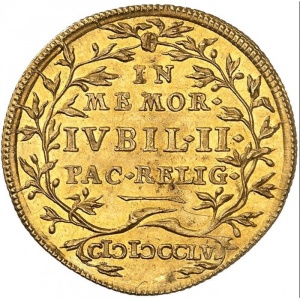 Реверс монеты Саксен-Альтенбург, 2 дуката, 1755, 200 лет Аугсбургскому миру
