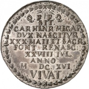 Реверс монеты Город Росток, 1 талер, 1616, Крещение Принца Карла Генриха