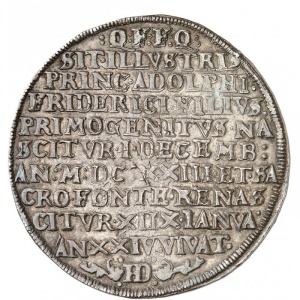 Реверс монеты Город Росток, 2 талера, 1624, Крещение Принца Кристиана