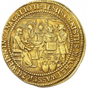 Реверс монеты Любек, 10 дукатов, 1650, Брак в Кане Галилейской
