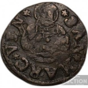 Реверс монеты Венецианская республика, 6 багаттино, 1680, Мадонна и младенец