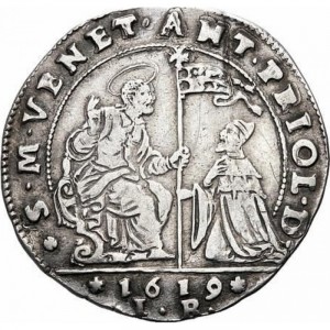 Аверс монеты Венецианская республика, 1 озелла, 1619, Фигура Религии с крестом на длинном посохе