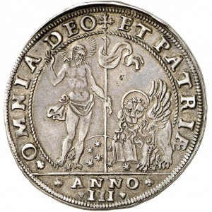 Реверс монеты Венецианская республика, 1 озелла, 1620, Фигура Христа и лев Святого Марка