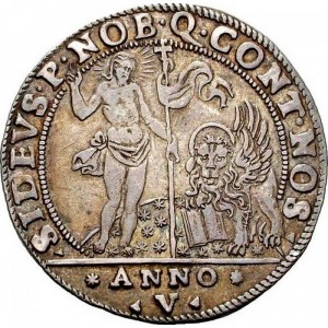 Реверс монеты Венецианская республика, 1 озелла, 1622, Фигура Христа и лев Святого Марка