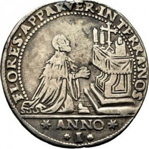 Реверс монеты Венецианская республика, 1 озелла, 1625, Дож на коленях перед алтарем