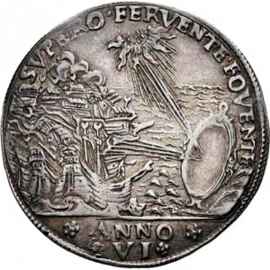 Реверс монеты Венецианская республика, 1 озелла, 1651, Зеркало сжигающее корабль