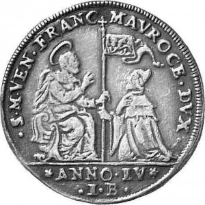 Аверс монеты Венецианская республика, 1 озелла, 1691, Фигура дожа на пьедестале /серебро/