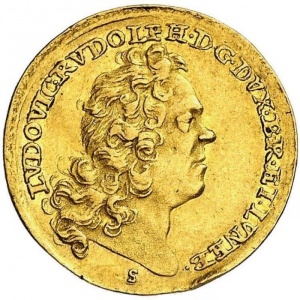 Аверс монеты Брауншвейг-Вольфенбюттель, 1 дукат, 1731-1732, Надпись: "EX AUR HERC INF" на реверсе