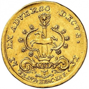 Реверс монеты Брауншвейг-Вольфенбюттель, 1 дукат, 1731-1732, Надпись: "EX AUR HERC INF" на реверсе