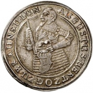 Аверс монеты Брауншвейг-Вольфенбюттель, 1 талер, 1638-1650, Август на аверсе, герб на реверсе