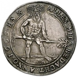 Реверс монеты Брауншвейг-Вольфенбюттель, 1 талер, 1653-1666, Дикий человек с деревом в руках на реверсе