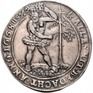 Реверс монеты Брауншвейг-Вольфенбюттель, 1 талер, 1655-1665, Дикий человек рядом с деревом на реверсе